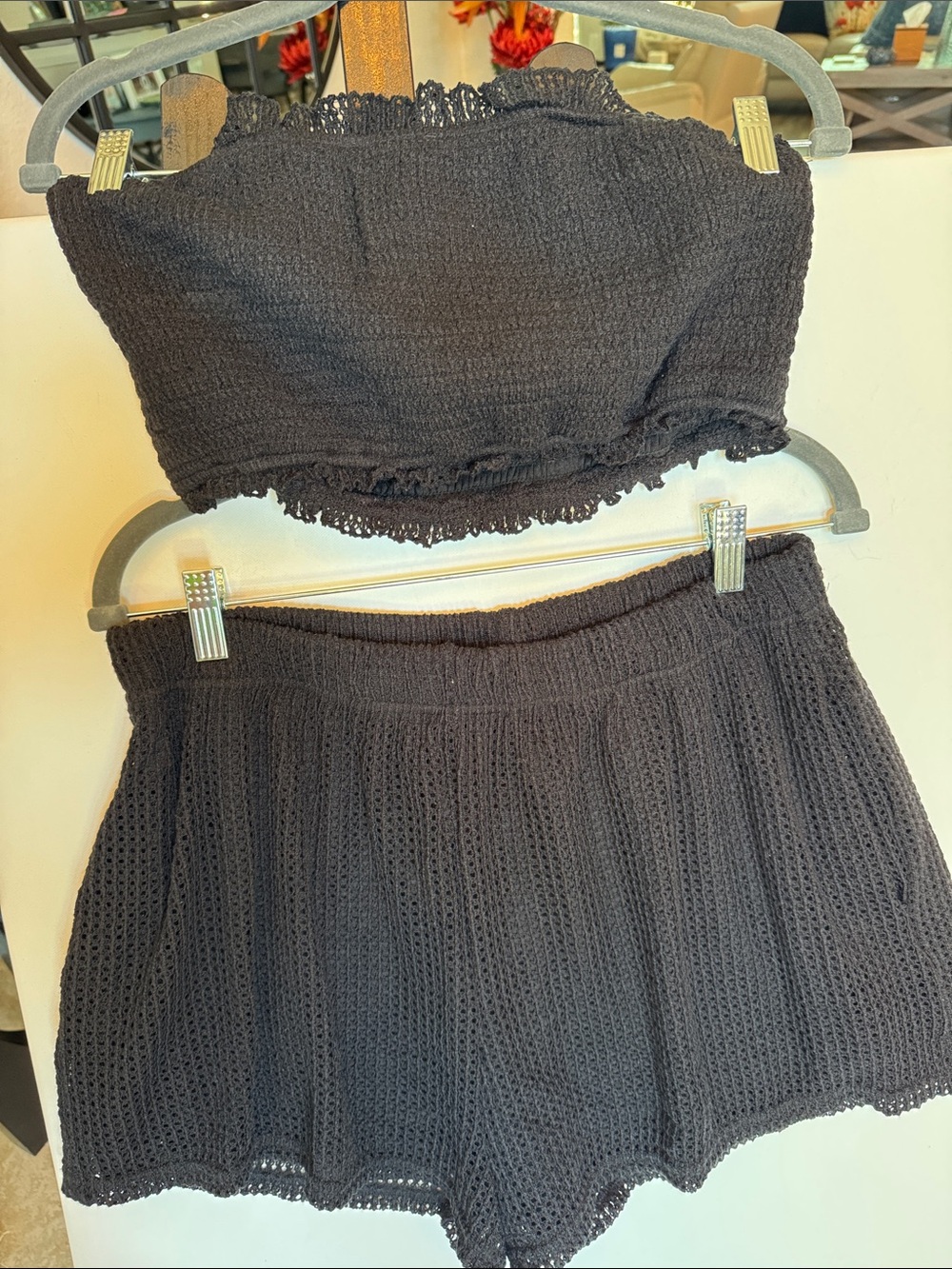 Hyfve- Black Crochet Knit Mini Shorts Ruffled Tube Top